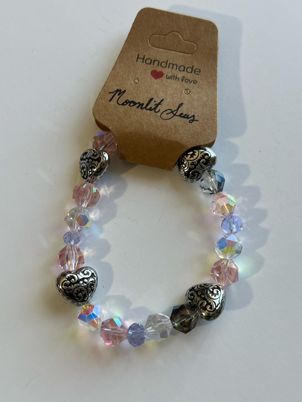 Iridescent Crystal Heart Stretch Bracelet - Pink & Silver Handcrafted - Picture 1 of 3